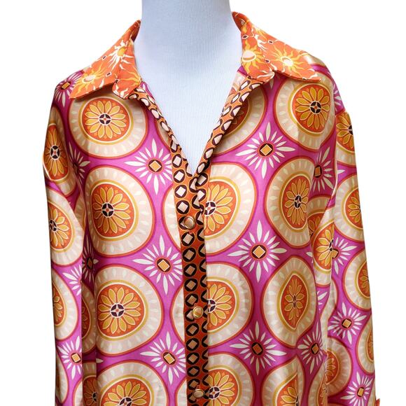 House of Harlow 1960 Button Down Tunic Top Shiny Retro Pink Orange Bold Sz M - Picture 2 of 14